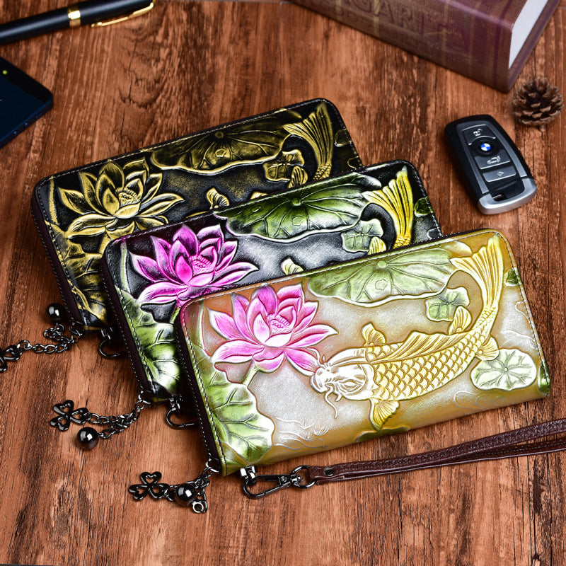 Neue Brieftasche aus Rindsleder für Damen Vintage geprägte Geldbörsen Fisch