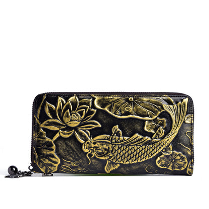Neue Brieftasche aus Rindsleder für Damen Vintage geprägte Geldbörsen Fisch