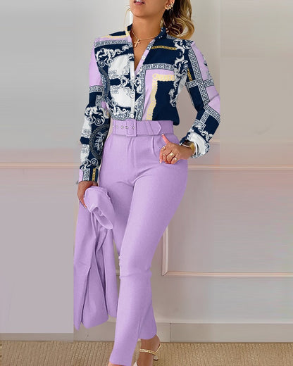 Zweiteiliges Damen-Set mit Print – Oberteil & lange Hose