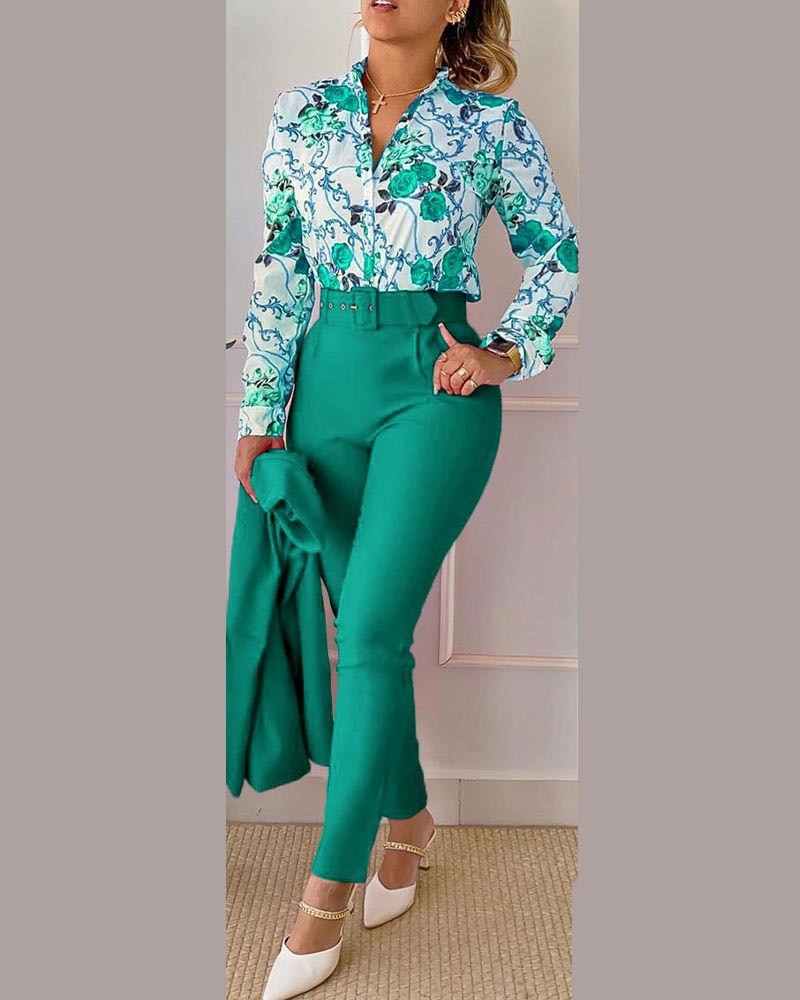 Zweiteiliges Damen-Set mit Print – Oberteil & lange Hose