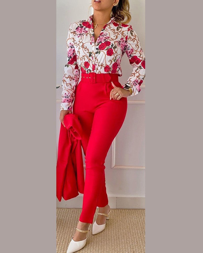 Zweiteiliges Damen-Set mit Print – Oberteil & lange Hose