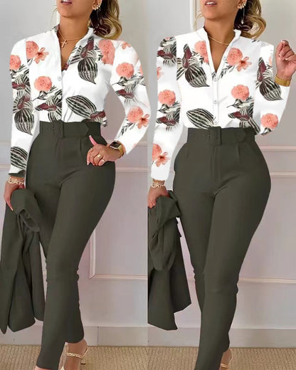 Zweiteiliges Damen-Set mit Print – Oberteil & lange Hose