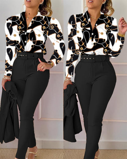 Zweiteiliges Damen-Set mit Print – Oberteil & lange Hose